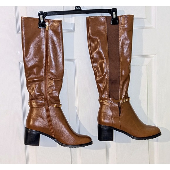 TORGEIS Destiny Camel Riding Knee High Boots Studded Buckle Block Heel NEW - Picture 3 of 12